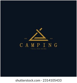 vintage and retro tent logo, camping. With tent, tree and bonfire sign. adventurers, scouts, climbers, camping equipment center