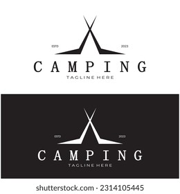 vintage and retro tent logo, camping. With tent, tree and bonfire sign. adventurers, scouts, climbers, camping equipment center