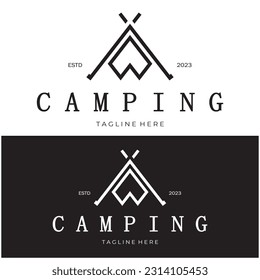 vintage and retro tent logo, camping. With tent, tree and bonfire sign. adventurers, scouts, climbers, camping equipment center