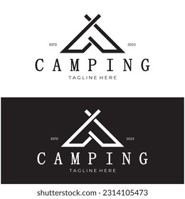 vintage and retro tent logo, camping. With tent, tree and bonfire sign. adventurers, scouts, climbers, camping equipment center