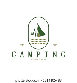 vintage and retro tent logo, camping. With tent, tree and bonfire sign. adventurers, scouts, climbers, camping equipment center