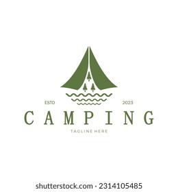 vintage and retro tent logo, camping. With tent, tree and bonfire sign. adventurers, scouts, climbers, camping equipment center