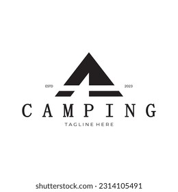 vintage and retro tent logo, camping. With tent, tree and bonfire sign. adventurers, scouts, climbers, camping equipment center