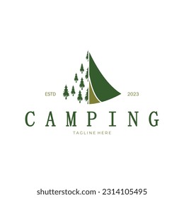 vintage and retro tent logo, camping. With tent, tree and bonfire sign. adventurers, scouts, climbers, camping equipment center