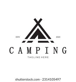 vintage and retro tent logo, camping. With tent, tree and bonfire sign. adventurers, scouts, climbers, camping equipment center