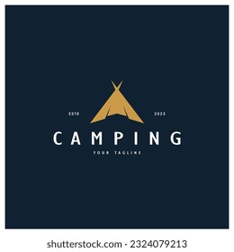 vintage and retro tent logo, camping. With tent, tree and bonfire sign. adventurers, scouts, climbers, camping equipment center