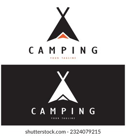 vintage and retro tent logo, camping. With tent, tree and bonfire sign. adventurers, scouts, climbers, camping equipment center