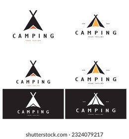 vintage and retro tent logo, camping. With tent, tree and bonfire sign. adventurers, scouts, climbers, camping equipment center