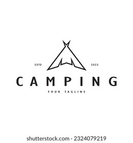 vintage and retro tent logo, camping. With tent, tree and bonfire sign. adventurers, scouts, climbers, camping equipment center