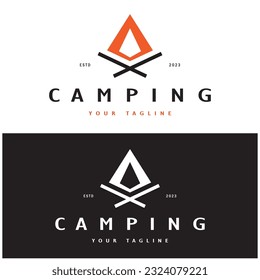 vintage and retro tent logo, camping. With tent, tree and bonfire sign. adventurers, scouts, climbers, camping equipment center