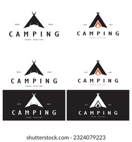 vintage and retro tent logo, camping. With tent, tree and bonfire sign. adventurers, scouts, climbers, camping equipment center