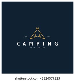 vintage and retro tent logo, camping. With tent, tree and bonfire sign. adventurers, scouts, climbers, camping equipment center