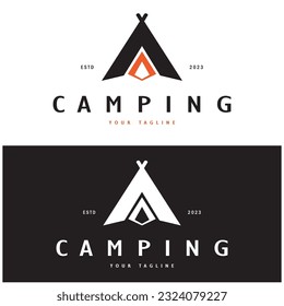 vintage and retro tent logo, camping. With tent, tree and bonfire sign. adventurers, scouts, climbers, camping equipment center