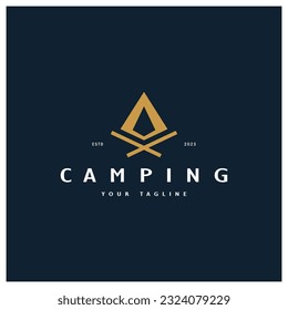 vintage and retro tent logo, camping. With tent, tree and bonfire sign. adventurers, scouts, climbers, camping equipment center