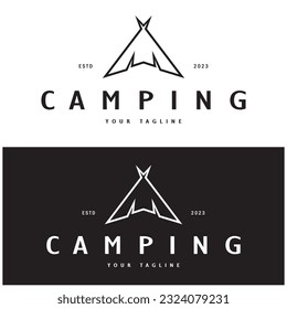 vintage and retro tent logo, camping. With tent, tree and bonfire sign. adventurers, scouts, climbers, camping equipment center