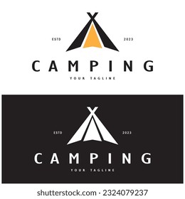 vintage and retro tent logo, camping. With tent, tree and bonfire sign. adventurers, scouts, climbers, camping equipment center