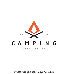 vintage and retro tent logo, camping. With tent, tree and bonfire sign. adventurers, scouts, climbers, camping equipment center