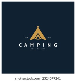 vintage and retro tent logo, camping. With tent, tree and bonfire sign. adventurers, scouts, climbers, camping equipment center