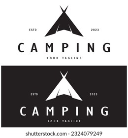 vintage and retro tent logo, camping. With tent, tree and bonfire sign. adventurers, scouts, climbers, camping equipment center