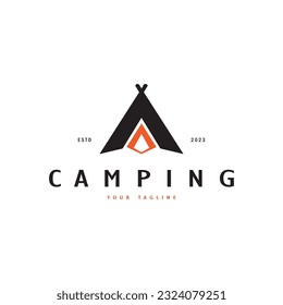 vintage and retro tent logo, camping. With tent, tree and bonfire sign. adventurers, scouts, climbers, camping equipment center