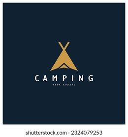 vintage and retro tent logo, camping. With tent, tree and bonfire sign. adventurers, scouts, climbers, camping equipment center