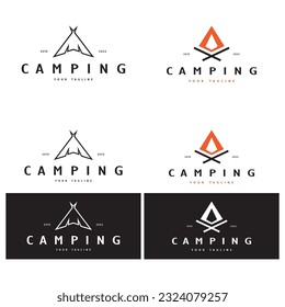 vintage and retro tent logo, camping. With tent, tree and bonfire sign. adventurers, scouts, climbers, camping equipment center