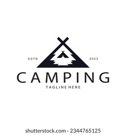 vintage and retro tent logo, camping. With tent, tree and bonfire sign. adventurers, scouts, climbers, camping equipment center