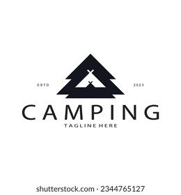 vintage and retro tent logo, camping. With tent, tree and bonfire sign. adventurers, scouts, climbers, camping equipment center