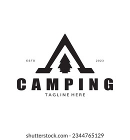 vintage and retro tent logo, camping. With tent, tree and bonfire sign. adventurers, scouts, climbers, camping equipment center