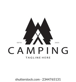 vintage and retro tent logo, camping. With tent, tree and bonfire sign. adventurers, scouts, climbers, camping equipment center