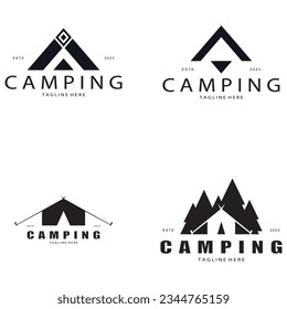 vintage and retro tent logo, camping. With tent, tree and bonfire sign. adventurers, scouts, climbers, camping equipment center