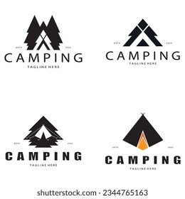 vintage and retro tent logo, camping. With tent, tree and bonfire sign. adventurers, scouts, climbers, camping equipment center