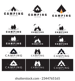 vintage and retro tent logo, camping. With tent, tree and bonfire sign. adventurers, scouts, climbers, camping equipment center