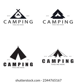 vintage and retro tent logo, camping. With tent, tree and bonfire sign. adventurers, scouts, climbers, camping equipment center