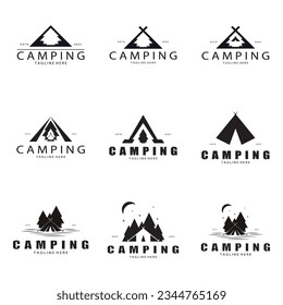 vintage and retro tent logo, camping. With tent, tree and bonfire sign. adventurers, scouts, climbers, camping equipment center