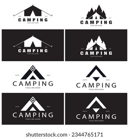 vintage and retro tent logo, camping. With tent, tree and bonfire sign. adventurers, scouts, climbers, camping equipment center