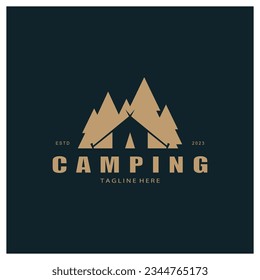 vintage and retro tent logo, camping. With tent, tree and bonfire sign. adventurers, scouts, climbers, camping equipment center