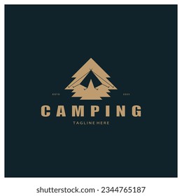 vintage and retro tent logo, camping. With tent, tree and bonfire sign. adventurers, scouts, climbers, camping equipment center