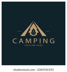 vintage and retro tent logo, camping. With tent, tree and bonfire sign. adventurers, scouts, climbers, camping equipment center