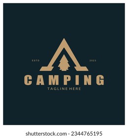 vintage and retro tent logo, camping. With tent, tree and bonfire sign. adventurers, scouts, climbers, camping equipment center