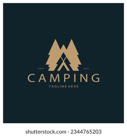 vintage and retro tent logo, camping. With tent, tree and bonfire sign. adventurers, scouts, climbers, camping equipment center