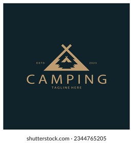 vintage and retro tent logo, camping. With tent, tree and bonfire sign. adventurers, scouts, climbers, camping equipment center