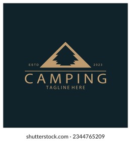 vintage and retro tent logo, camping. With tent, tree and bonfire sign. adventurers, scouts, climbers, camping equipment center