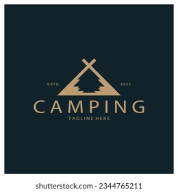 vintage and retro tent logo, camping. With tent, tree and bonfire sign. adventurers, scouts, climbers, camping equipment center