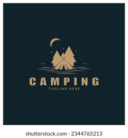 vintage and retro tent logo, camping. With tent, tree and bonfire sign. adventurers, scouts, climbers, camping equipment center