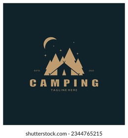 vintage and retro tent logo, camping. With tent, tree and bonfire sign. adventurers, scouts, climbers, camping equipment center