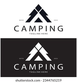 vintage and retro tent logo, camping. With tent, tree and bonfire sign. adventurers, scouts, climbers, camping equipment center