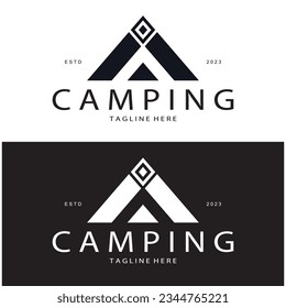 vintage and retro tent logo, camping. With tent, tree and bonfire sign. adventurers, scouts, climbers, camping equipment center