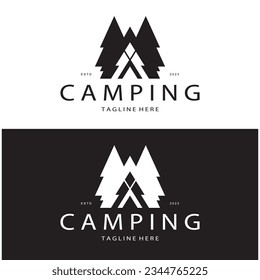 vintage and retro tent logo, camping. With tent, tree and bonfire sign. adventurers, scouts, climbers, camping equipment center