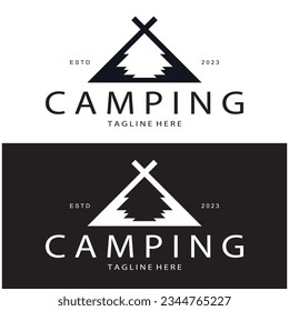 vintage and retro tent logo, camping. With tent, tree and bonfire sign. adventurers, scouts, climbers, camping equipment center